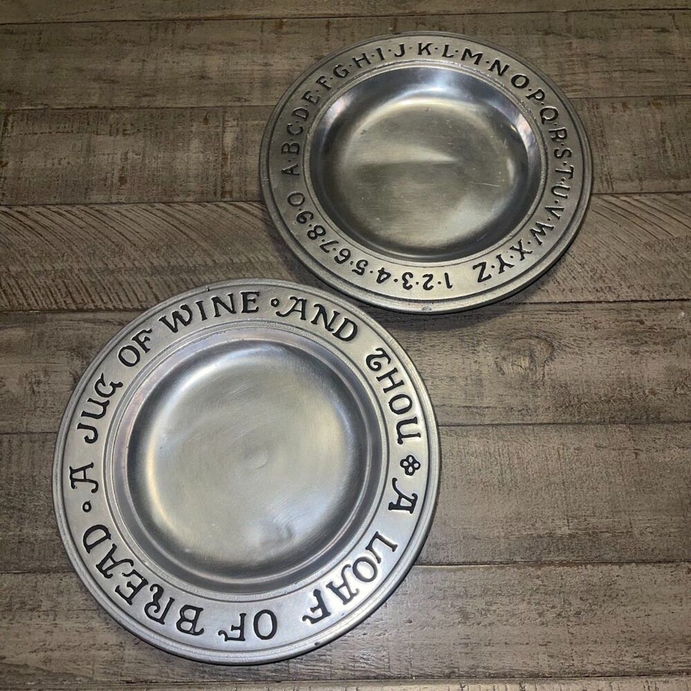 Set of 2 Vintage Cantrell Pewter Plate: Wine, Bread & Thou Design / Alphabet